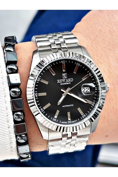 Reward Silver Color Mechanism Business Automatic Men's Wrist Watch + Bracelet