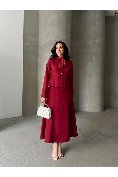 Serica Moda Burgundy Bow Collar Detailed Burgundy Jacket Skirt Set