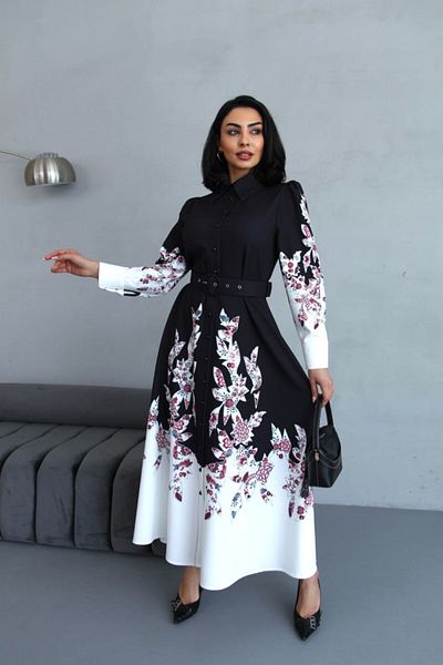 WellWay Rochie neagră cu guler de cămașă cu imprimeu floral Atlas, cu detaliu de nasturi (INCLUSIV CUREA)-2501