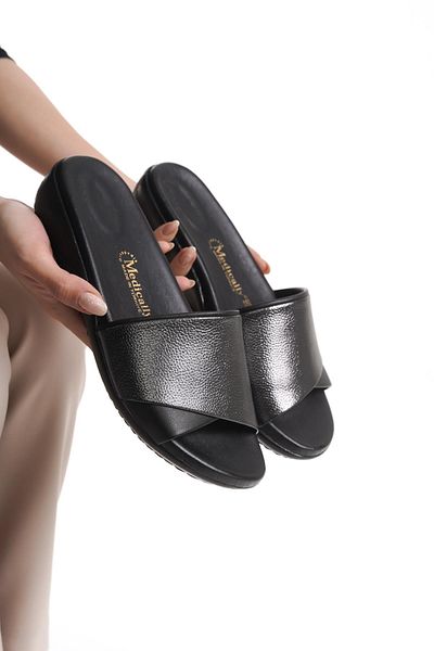 ALPELLİ ByAlp Orthopedic Leather Sole Heel Spur Supported Daily Platinum - Black Slippers