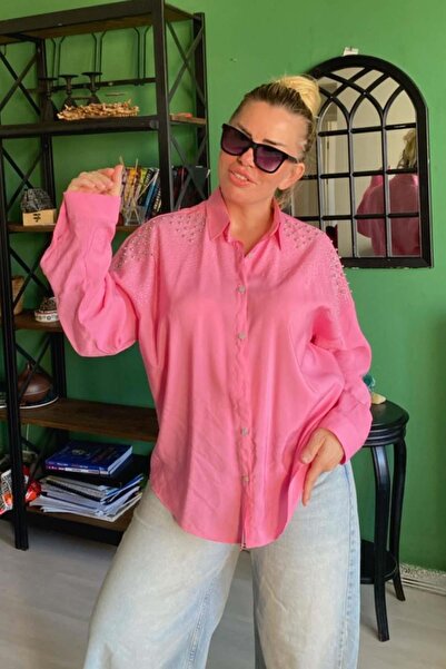 Zer Otantik Рожева сорочка для аеробіки великих розмірів з бісерною вишивкою