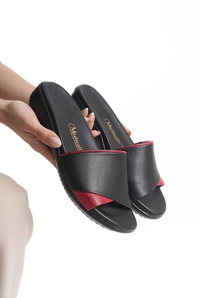 ALPELLİ ByAlp Orthopedic Leather Sole Heel Spur Supported Daily Black - Red Slippers