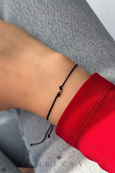 MELEXY 14 Ayar Altın Dorika Minimal Siyah İpli Bileklik