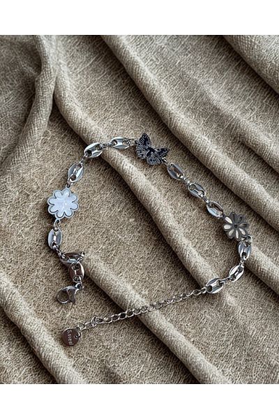 Mia Silver Color Steel Bracelet with Butterfly and Daisy Detail