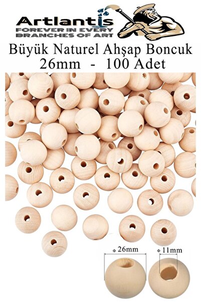 Artlantis Naturel Ahşap Boncuk 26mm 100 lü 1 Paket Ham Boyanabilir Ahşap Yuva...