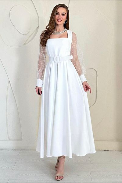 Afiş Butik White Square Collar Sleeves Organized Belt Detailed Long Dress