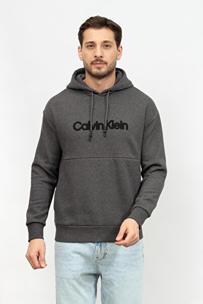 Calvin Klein Raised Embroidered Logo Erkek Kapüşonlu Sweatshirt Gri