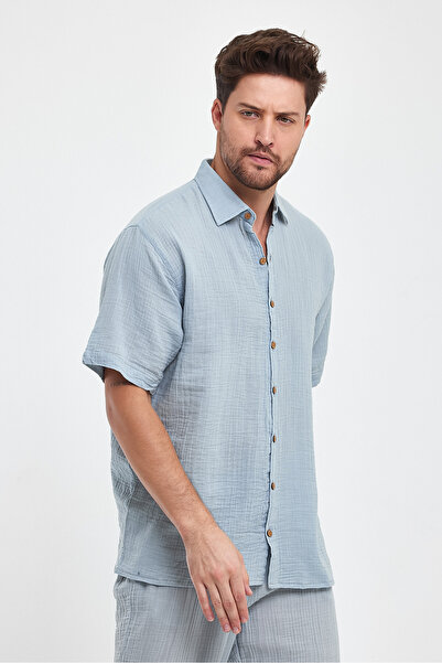TCT TEKSTİL Ανδρικό πουκάμισο - Πουκάμισο με κοντό μανίκι με γιακά μουσελίνα - 4040