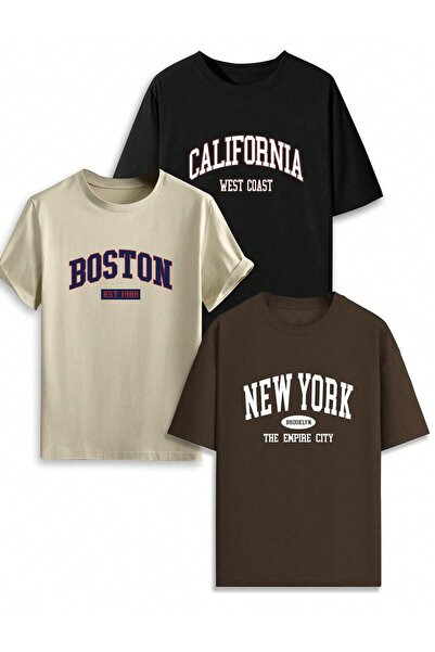 coolart Pachet de 3 tricouri City - Negru, bej, maro, cu imprimeu, supradimen...