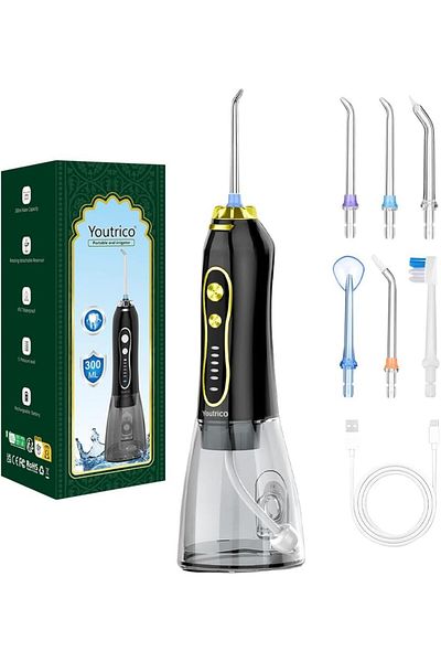 Youtrico 2025 NEW Portable Water Flosser, 300ml Tank, 5 Modes,Black/Gold