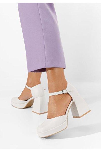 B T Shoes Μόνσα Λευκά Παπούτσια με Χοντρό Τακούνι