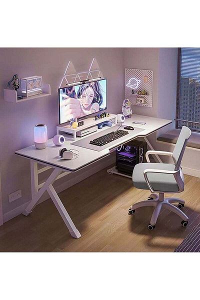 COOYA Home Desktop Live Streaming Esports Desk,Simple White,140x60x75cm,X-Shaped Legs,For Home and Office