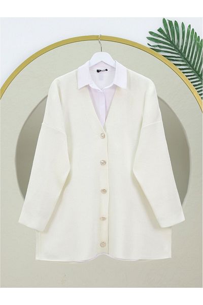 Modamorfo V-Neck Buttoned Oversize Knitwear Cardigan -Cream