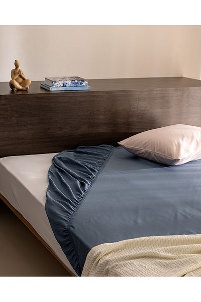 Madame Coco Ciel King Size 100% Cotton Elastic Satin Bed Sheet - Dark Blue