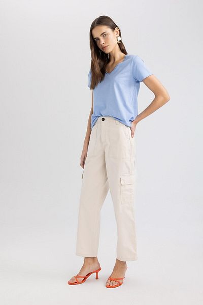 DeFacto Straight Fit Cargo Pocket High Waist Wide Leg Gabardine Trousers A9200AX24SM