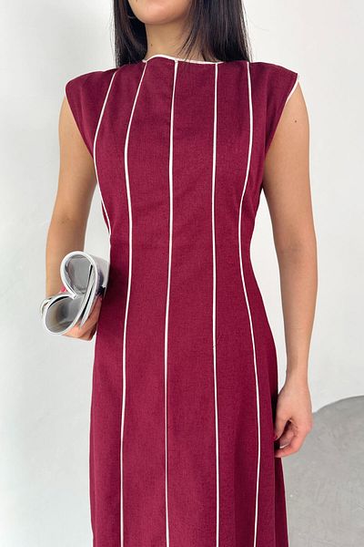 Cappmoda ELB-0402 Φόρεμα μίντι μήκους από λινό ύφασμα με λεπτομέρεια σε μπορντό γραμμή