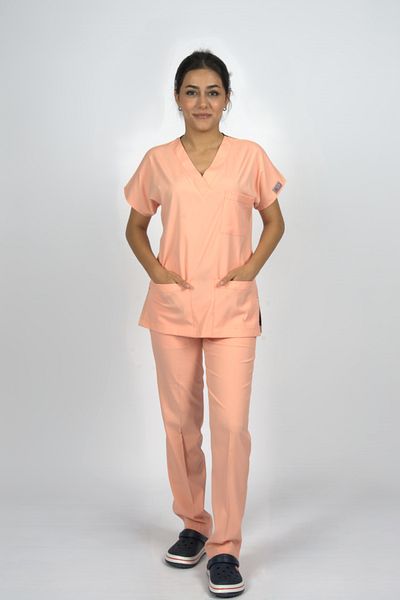 SEZA TEKSTİL Salmon Premium Flex Unisex Lycra Scrubs Ιατρού Νοσηλεύτριας Στολή Σετ