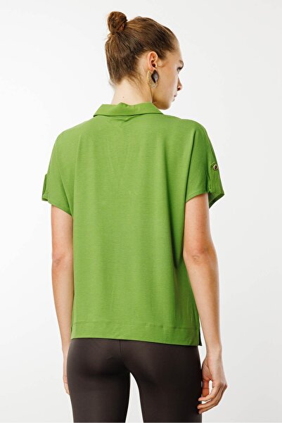 Desen Triko Women's Green Low Sleeve Polo Neck Shirt