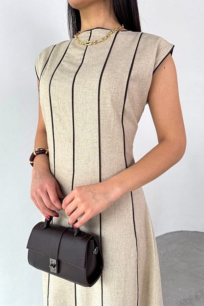 Cappmoda ELB-0402 Φόρεμα μίντι μήκους από λινό ύφασμα με λεπτομέρεια σε χρώμα πέτρας