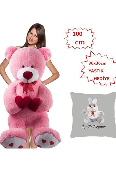 Özgüner Oyuncak الدب الأبرياء يحمل قلبًا مزدوجًا مقاس 100 سم ووسادة عيد ميلاد سعيد