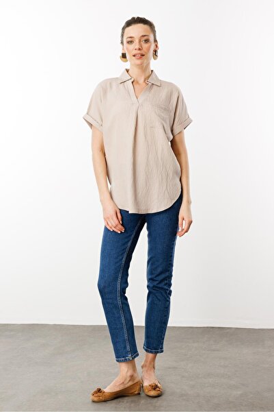 Desen Triko Women's Polo Neck Low Sleeve Shirt Mink Model Gx9688