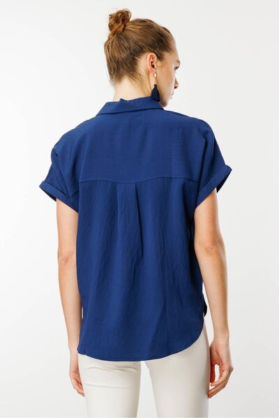 Desen Triko Women's Polo Neck Low Sleeve Shirt Navy Blue