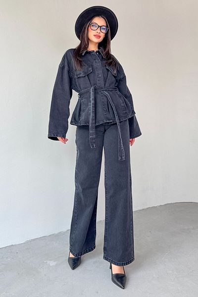 Cappmoda TKM-03688 طقم جينز بحزام من الدنيم الأسود مكون من قطعتين