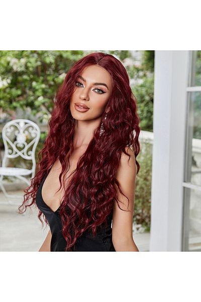 FantaziAtölyesi Dark Red Water Wavy Fiber Synthetic Tulle Wig