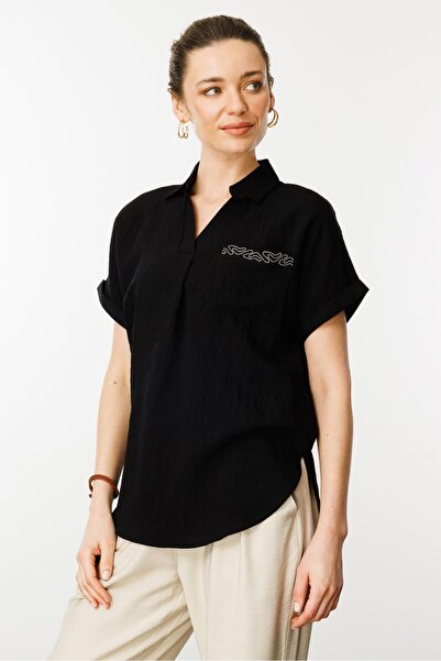 Desen Triko Women's Polo Neck Low Sleeve Shirt Black