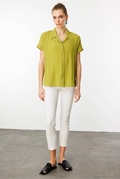 Desen Triko Women's Crepe Fabric Glitter Shirt F.Green