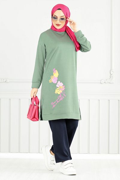 ModaMerve Floral Printed Hijab Suit 5093Uz1029-M Mint&Laci