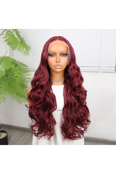 FantaziAtölyesi Gnarly Dense Water Wavy Dark Reddish Fiber Synthetic Long Tulle Wig
