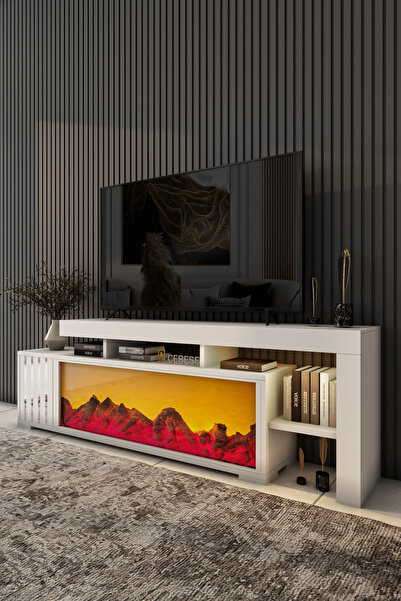 ROZIA Dekoratif Yapay Şömine Ve Tv Ünitesi 160 Cm X 52 Cm ,kumandalı, Bluetooth Ses Bayaz Rengi