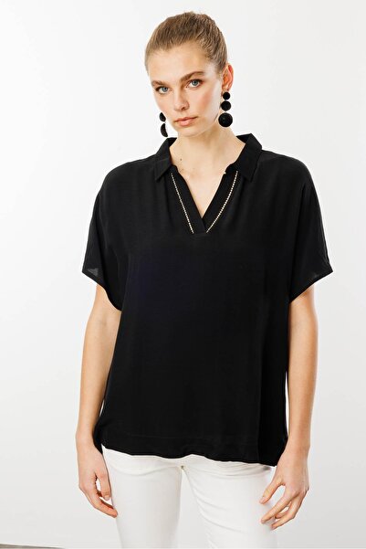 Desen Triko Women's Polo Neck Low Sleeve Shirt Black