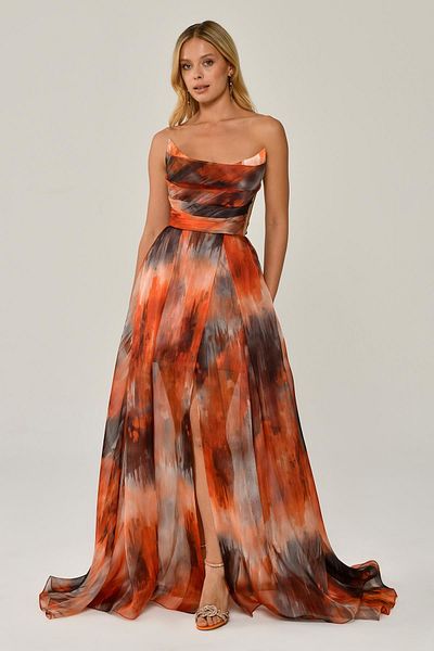 ALFABETA Boat Neck Patterned Tulle Long Evening Dress Alfa Beta