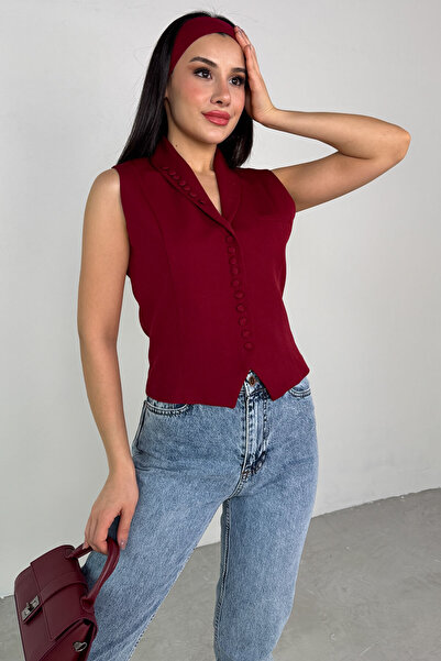 Cappmoda Ckt-12442 Claret Red Button Detail Double Breasted Collar Lined Vest