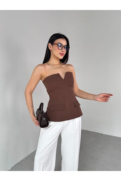 Cappmoda BLZ-06278 Καφέ V Μπλούζα με στράπλες χαμηλού κοψίματος