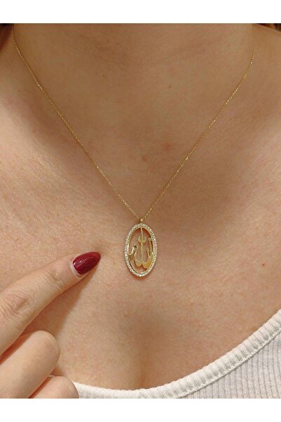 Genel Markalar Allah Lafzı Taşlı 14 K Gold Kaplama Kadın Kolye