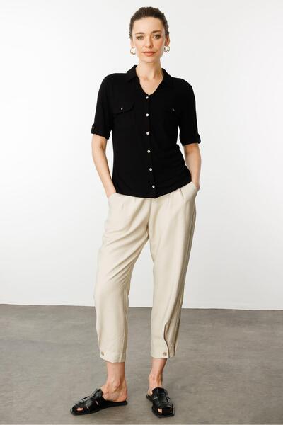 Desen Triko Women's Black Combed Cotton Shirt with Chest Pocket