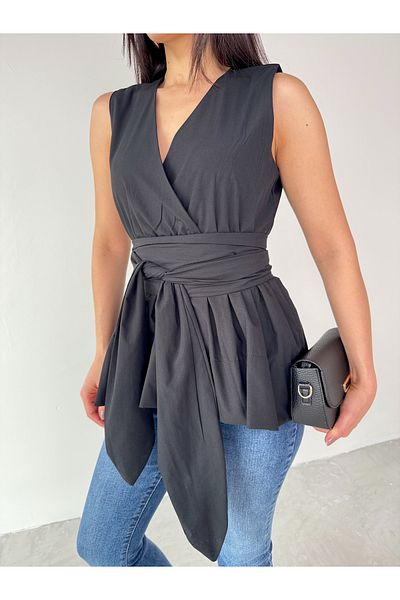 Cappmoda BLZ-06277 Μπλούζα με λαιμόκοψη με μαύρη μέση με φιόγκο