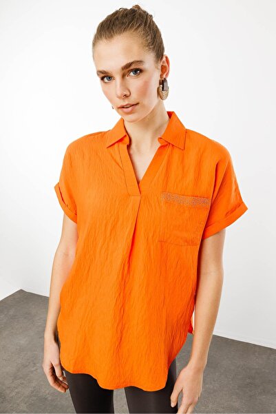 Desen Triko Оранжева жіноча сорочка з поло-коміром і короткими рукавами