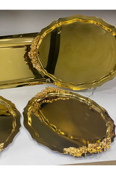 SEVA ÇELİK Gold Color 3 Pieces Oval 3 Pieces Rectangular Handle Model Service and Presentation Tray