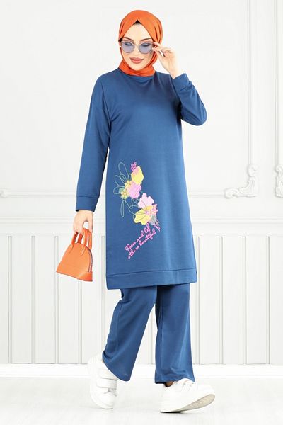 ModaMerve Floral Printed Hijab Suit 5093Uz1029-M Indigo
