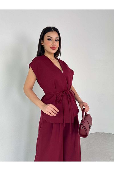 Cappmoda Tkm-03676 Burgundy Padded Vest Palazzo Trousers Polyviscon Fabric Double Suit