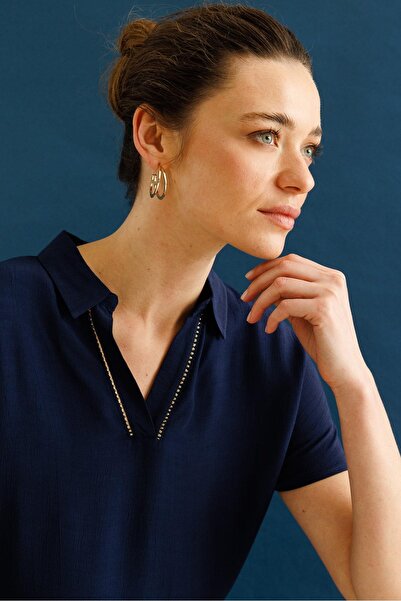 Desen Triko Women's Polo Neck Low Sleeve Shirt Navy Blue