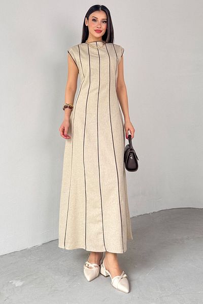 Cappmoda ELB-0402 Φόρεμα μίντι μήκους από λινό ύφασμα με λεπτομέρεια σε χρώμα πέτρας