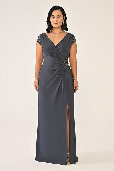 ALFABETA V-Neck Short Sleeve Accessory Slit Long Evening Dress Alphabet