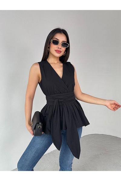 Cappmoda BLZ-06277 Μπλούζα με λαιμόκοψη με μαύρη μέση με φιόγκο