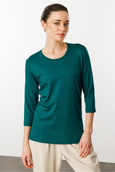 Desen Triko Γυναικεία Πράσινη Μπλούζα με λαιμόκοψη από χτενισμένο βαμβάκι
