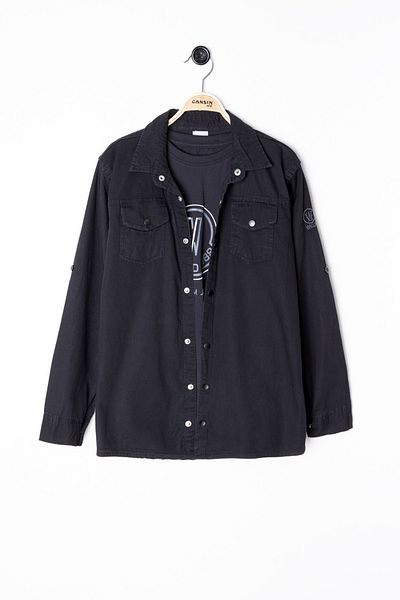 Cansın Mini Tricou negru cu gât roșu Cămașă de jeans pentru băiat cu buzunar la piept 20079